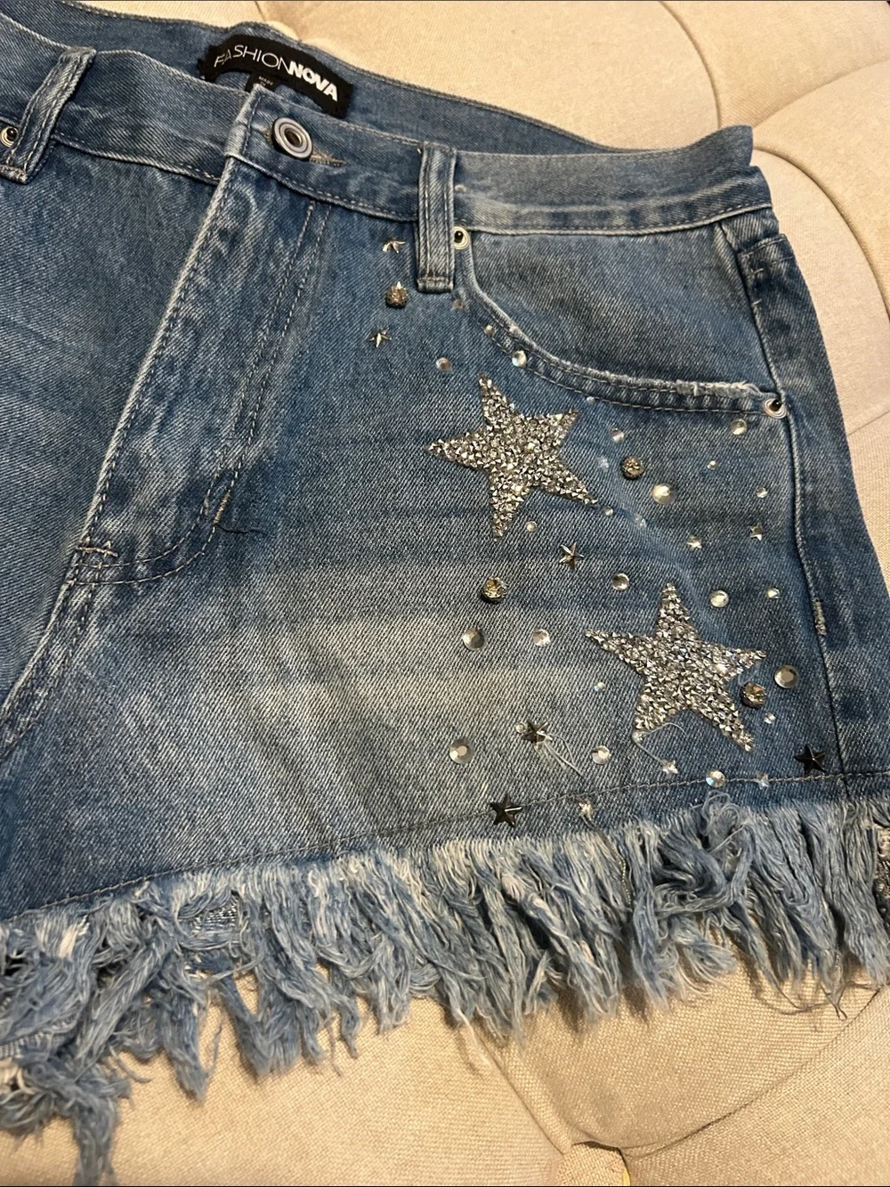 Fashion Nova Dark Blue Denim Star Studded Frayed Hem Shorts